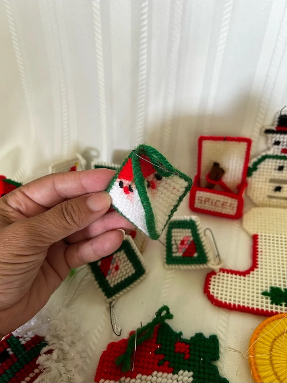 Vintage Plastic Canvas Christmas Ornament Set Santa Elf Angel Spice Box Candle